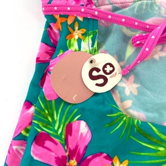 SO V Neck Halter Top Tankini Swimsuit Juniors Sz L Floral Pink Green Tropical - Picture 8 of 16